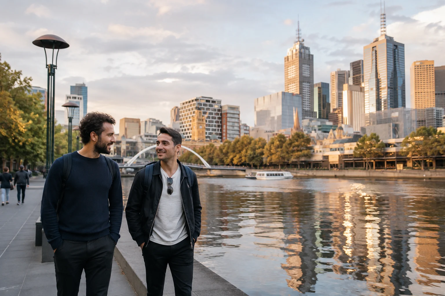 Landscape photo of two friends walking beside the Yarra River